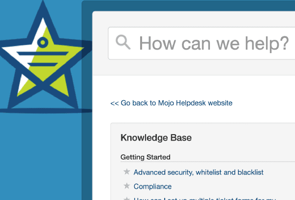 Customer self-service help center in Mojo Helpdesk with FAQs and search.
